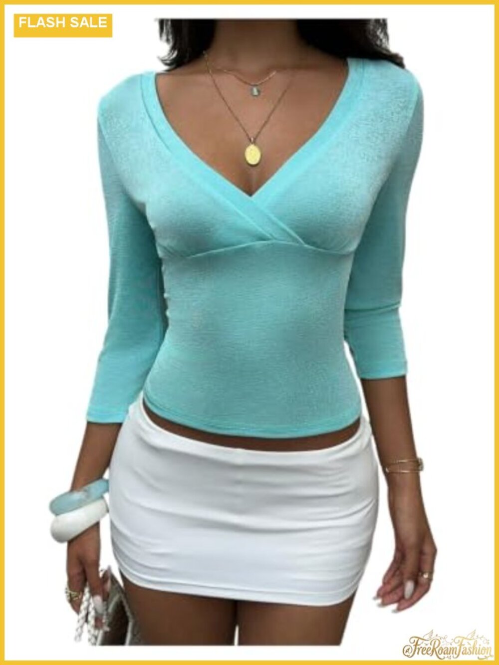 Women's 3/4 Sleeve Wrap V-Neck Crop Top, Slim Fit Tee